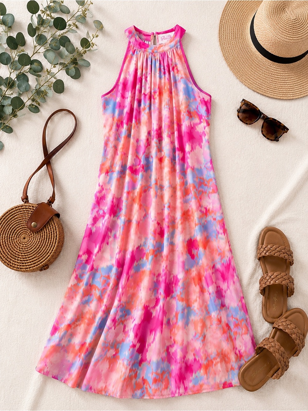 Pink Lily Watercolor Halter Maxi Dress | Size Small | Pink Blue Coral